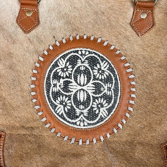 Myra Bag Brown Cow Hide Leather Turquoise Boho Western Large Crossbody Tote - Picture 2 of 14